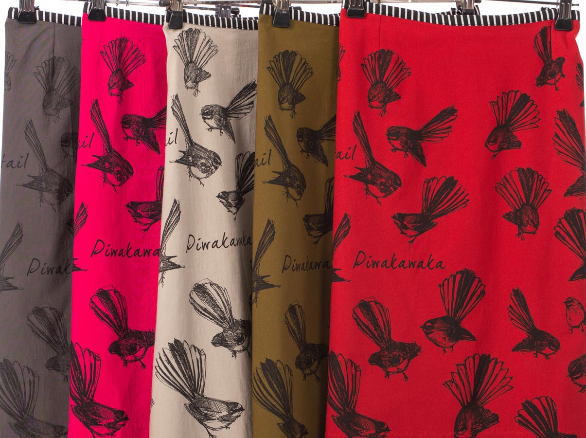 fantail Piwakawaka design skirt swatches