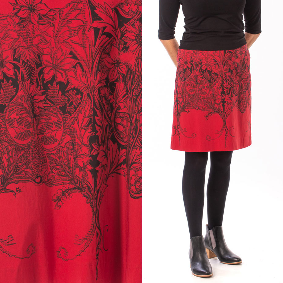 model William Morris red skirt