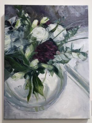 Purple Carnation And White Lisianthus In Glass Bowl