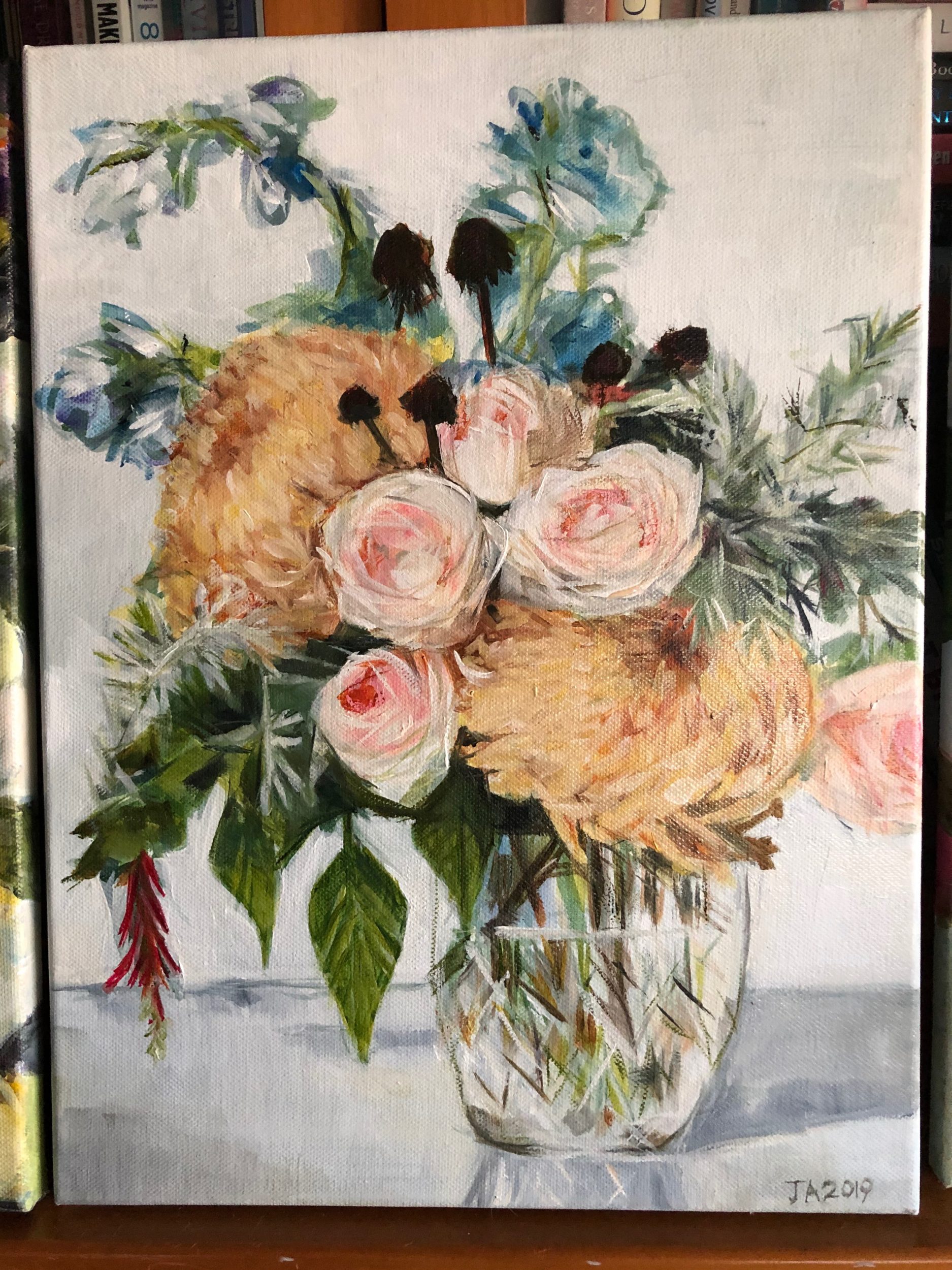 Rusty Crysanths and pink roses, oil paint on canvas